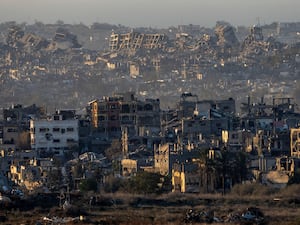 Destroyed buildings stand inside the Gaza Strip,