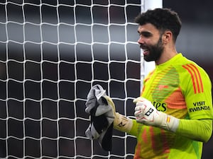 Arsenal goalkeeper David Raya celebrates