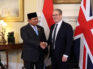 Prime Minister Sir Keir Starmer shakes hands with President Prabowo Subianto of Indonesia