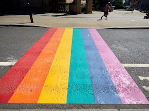 Rainbow colours painted on a street in Sheffield