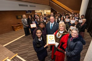 The new youth councillors celebrate with Wolverhampton Council Leader Councillor Stephen Simkins and Mayor of Wolverhampton Councillor Linda Leach at Wolverhampton Civic Centre