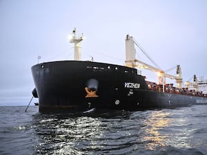 The cargo ship Vezhen is anchored outside Karlskrona, Sweden