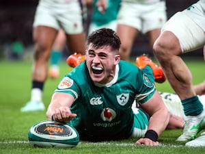 Ireland’s Dan Sheehan celebrates his try