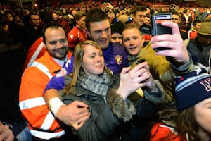 Former Walsall goalkeeper Richard O'Donnell celebrates at full-time.