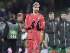 Republic of Ireland goalkeeper Caoimhin Kelleher applauds the fans after the 1-0 Nations League victory over Finland in Dublin