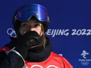 Great Britain’s Zoe Atkin reacts after a run during the Women’s Freeski Halfpipe Final on day fourteen of the Beijing 2022 Winter Olympic Games