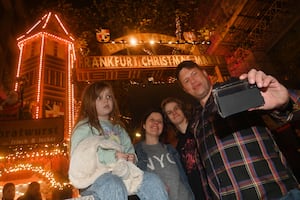 Opening night of the Birmingham Christmas Market. From Newtown, Shropshire , Wales border: Jovie Thomas 6, Beth Jones, James Owen and Rob Thomas.