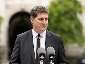 Green Party leader Eamon Ryan at a press conference outside Leinster House, Dublin