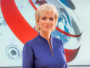 Sally Magnusson in front of BBC signage