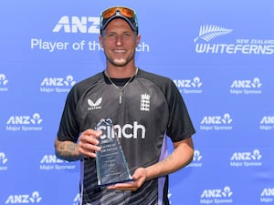 England’s Brydon Carse poses with his-man-of-the-match trophy following England’s eight wicket win over New Zealand in the first Test