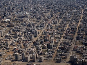 Destroyed buildings are seen from an U.S. Air Force plane flying over the Gaza Strip