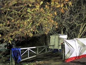 A police tent at the scene on Ravenscraig Road near Ashtons Field, Salford where the remains of a baby were found