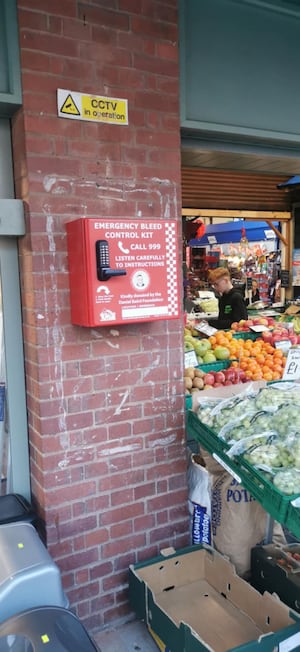 The casing which holds the bleed control kit outside of Brierley Hill Market hall