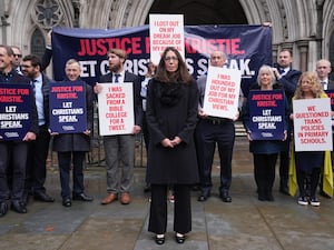 Christian school worker Kristie Higgs (centre) outside the Royal Courts of Justice in London ahead of her appeal hearing last October