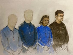 A court artist drawing of Riley Tolliver (right), 18, Kodishai Westcott (second right), 17, and teenagers aged 15 and 16 during their sentencing hearing at Bristol Crown Court