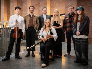 (l to r) Samuel Kane, Timothy Boomer, Ciaran Scullion, Arts Council of Northern Ireland, Rosie Murphy, Richard Yarr, BBC NI, Becky McNeice and Maeve O’Donnell (seated), the six young musicians