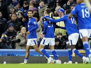 Everton’s Iliman Ndiaye, left, celebrates scoring