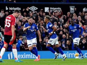 Ipswich’s Omari Hutchinson (second right) celebrates his equaliser against Manchester United