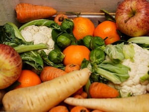 A crate of fresh fruit and vegetables