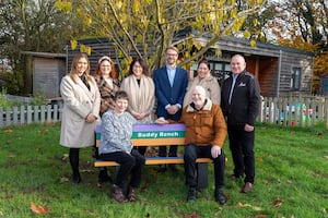 Bernette and Brian Wilshaw (Seated), L-R Becky Jones (Field Sales Manager, Lovell), Nicole Green (Marketing Manager, Lovell), Marie Smith (Head Teacher, Etching Hill Primary school), Dominic Riley (Pre Construction Manager, Lovell), Lisa Preston (Sales Director, Lovell), Mark Tunstall, (Senior Housing Property Office, Cannock Chase Council) 