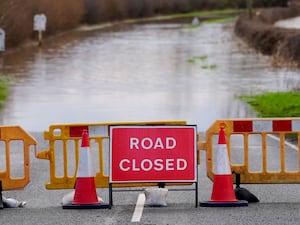 A flooded Eckington Road in Defford, Worcestershire