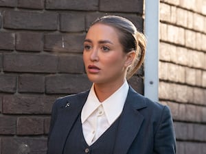 Georgia Harrison outside Chelmsford Crown Court where Stephen Bear was appearing in December 2022