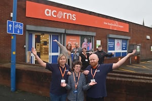 Jo Hanks with Maria Newell, Chris Jennings, Katy Brindley, Diane Broadley, Lee Lawrence and Kane Billingham at the new Acorns Children's Hospice superstore in Blackheath. 