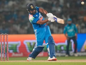 India captain Rohit Sharma hits over the top during the second one-day international against England