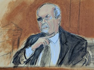 Sir Salman Rushdie giving evidence in Chautauqua County Court in Mayville, New York