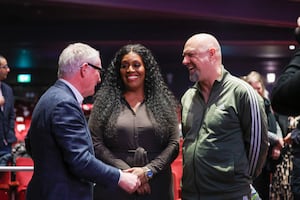 Mayor Richard Parker with panto stars Alison Hammond and Matt Slack. PIC: WMCA