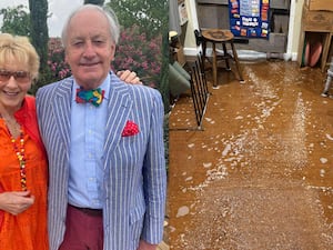 Composite image of Christine Hamilton and her husband Neil and their house after it was flooded following Storm Bert