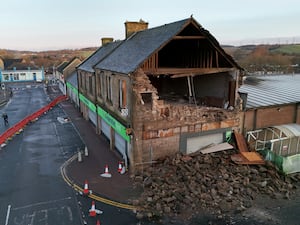 Damage to the side of the Co-op store in Denny, Stirlingshire after Storm Eowyn.