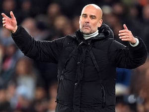 Pep Guardiola shows his frustration during Manchester City's draw with Feyenoord