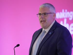 DUP leader Gavin Robinson speaks during his party's annual conference