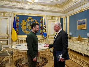 US special envoy for Ukraine and Russia Keith Kellogg, right, and Ukraine’s President Volodymyr Zelensky talk during their meeting in Kyiv, Ukraine