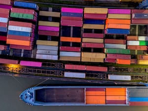 Containers are seen in the harbour in Frankfurt,