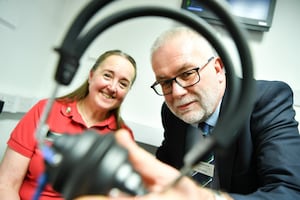 Staffordshire Search & Rescue volunteer Dawn Hopley takes the Scrivens Hearing Check Challenge with audiologist Stuart Spencer