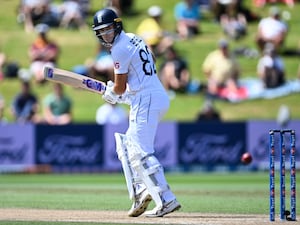 Jacob Bethell plays a shot behind square against New Zealand