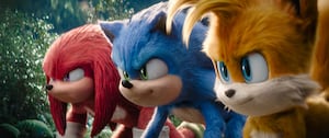 Sonic The Hedgehog 3: Knuckles (voiced by Idris Elba), Sonic (Ben Schwartz) and Tails (Colleen O'Shaughnessey)