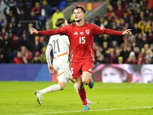 Liam Cullen holds his arms out to celebrate scoring