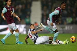 Karlan Grant puts in a tackle (Photo by Adam Fradgley/West Bromwich Albion FC via Getty Images)