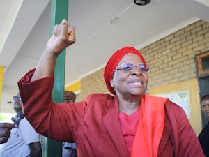 Netumbo Nandi-Ndaitwah raises her first before supporters