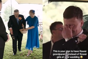 Groom in tears as he sees his grandparents walk down the aisle instead of flower girls in heart-warming video