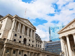 View of the Bank of England, City of London UK, with surrounding buildings including the Royal Exchange.