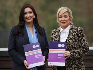 First Minister Michelle O’Neill (right) and deputy First Minister Emma Little-Pengelly during an event to launch a Regional Change Fund to support ending violence against women and girls at the Pavilion in Stormont, Belfast