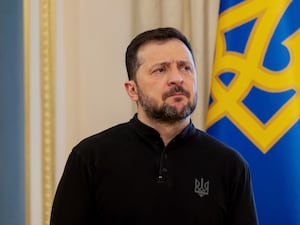 Ukraine President Volodymyr Zelensky gives a press conference in Kyiv