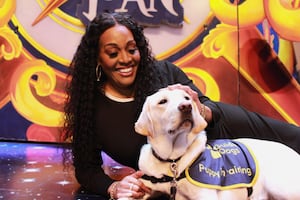 Alison Hammond on stage with a guide dog puppy.