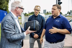 Mayor Richard Parker at the install of the air quality sensors with Tim Dexter from Asthma and Lung UK, and Owen Gardener from EarthSense. PIC: WMCA