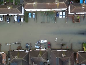 Floodwater on a street in Loughborough, Leicestershire.