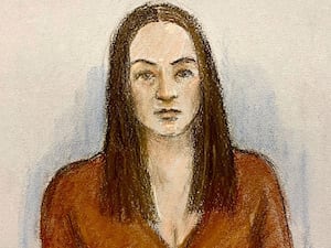 Court artist sketch by Elizabeth Cook of Bulgarian national Katrin Ivanova appearing via video link at Westminster Magistrates’ Court in September 2023